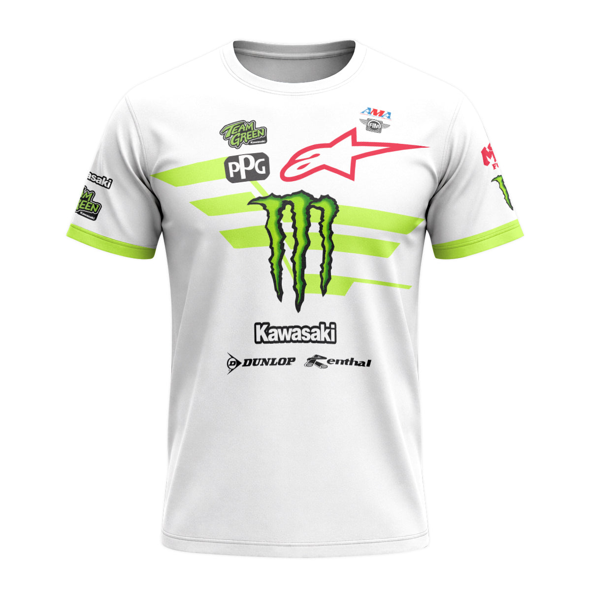 Tomac 3 Monster Energy Kawasaki White Neon Green Short Sleeve Motocross Jersey - front view mockup