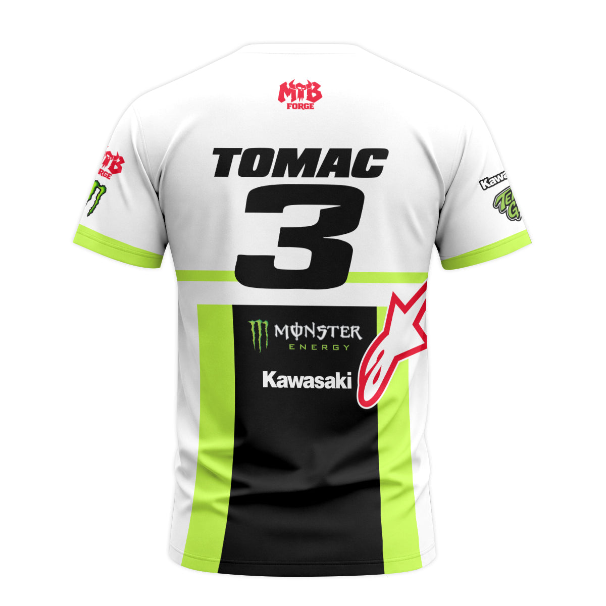 Tomac 3 Monster Energy Kawasaki White Neon Green Short Sleeve Motocross Jersey - back view mockup