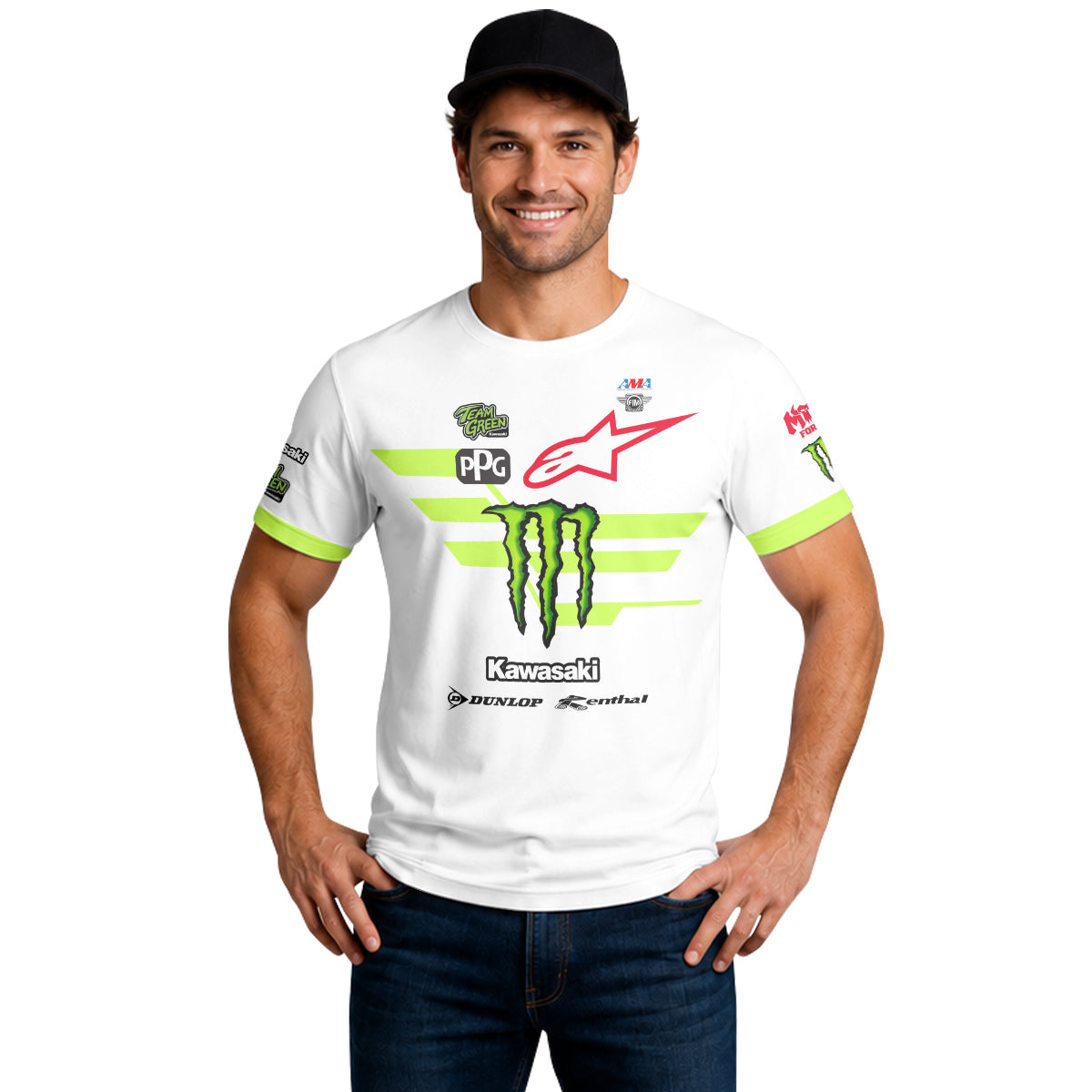 Tomac 3 Monster Energy Kawasaki White Neon Green Short Sleeve Motocross Jersey - lifestyle view