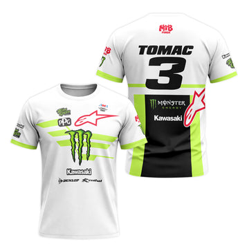 Tomac 3 Monster Energy Kawasaki White Neon Green Short Sleeve Motocross Jersey - front and back view