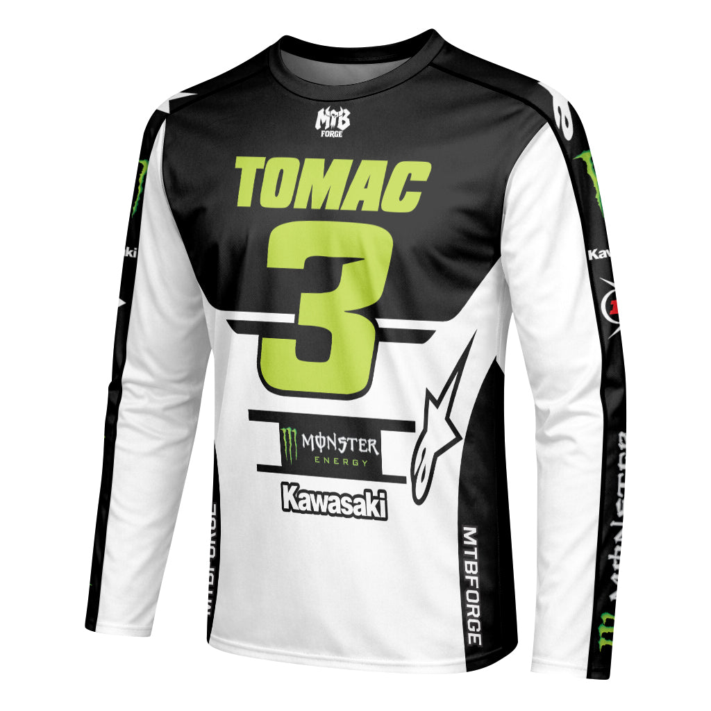 Tomac 3 Monster Kawasaki Black White Long Sleeve Motocross Jersey - left side mockup