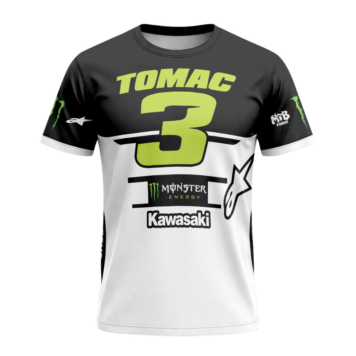 Tomac 3 Monster Kawasaki Black White Short Sleeve Motocross Jersey - front view mockup