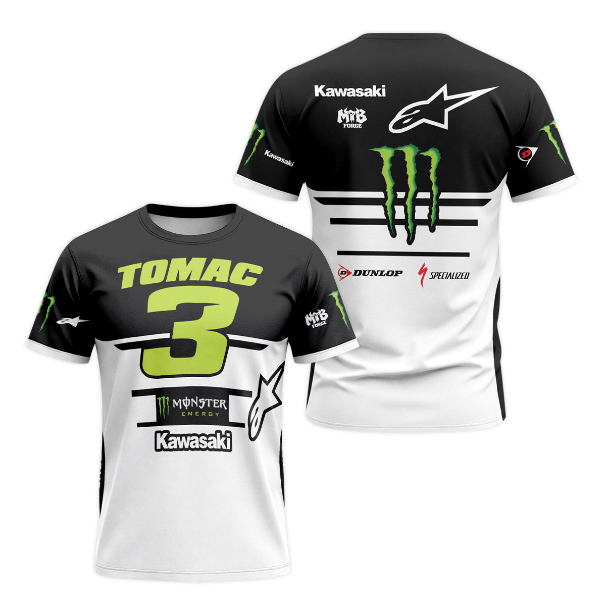 Tomac 3 Monster Kawasaki Black White Short Sleeve Motocross Jersey - front and back view