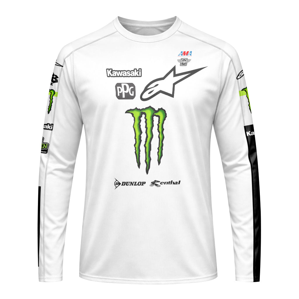 Tomac 3 Monster Kawasaki White Black Long Sleeve Motocross Jersey - front view mockup