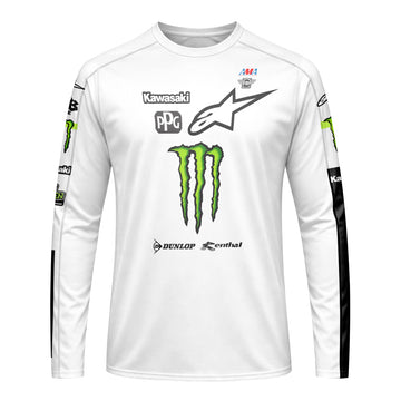 Tomac 3 Monster Kawasaki White Black Long Sleeve Motocross Jersey - front view mockup