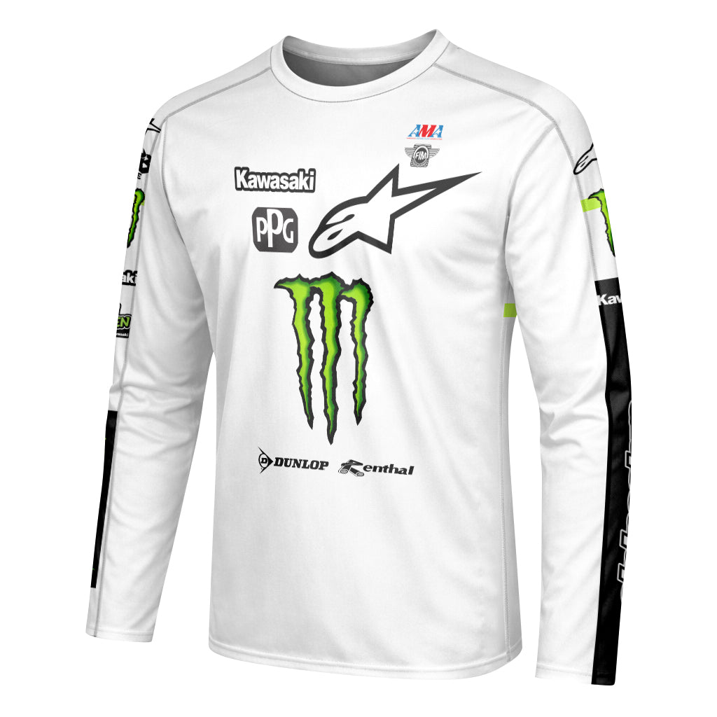 Tomac 3 Monster Kawasaki White Black Long Sleeve Motocross Jersey - left side mockup