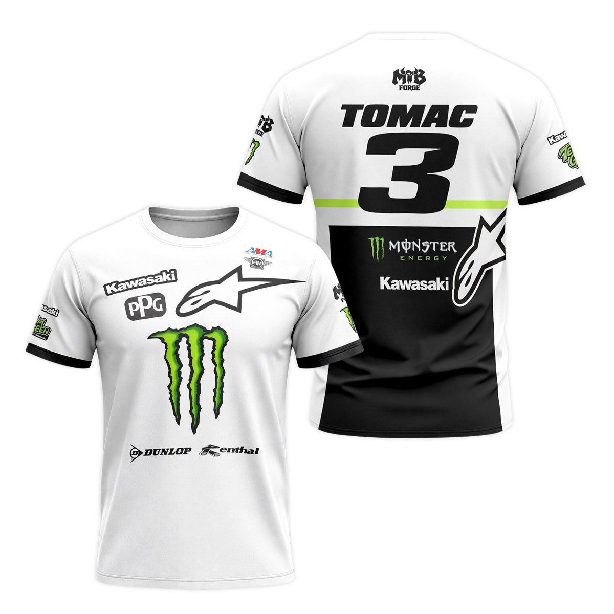 Tomac 3 Monster Kawasaki White Black Short Sleeve Motocross Jersey - front and back view