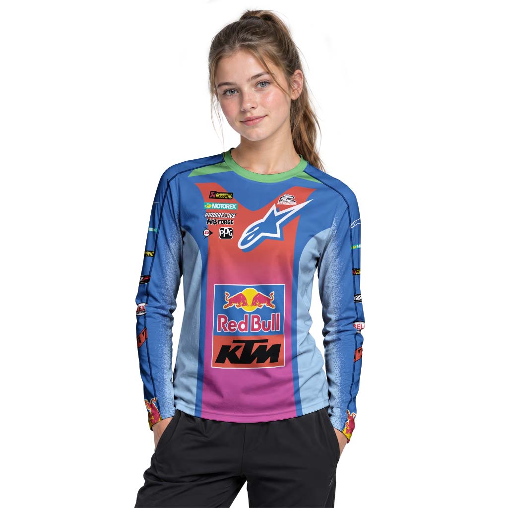 Tomac 3 Red Bull KTM Blue Pink Youth Long Sleeve Motocross Jersey – Girl Lifestyle View