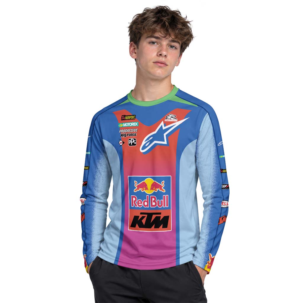 Tomac 3 Red Bull KTM Blue Pink Youth Long Sleeve Motocross Jersey – Girl Lifestyle View