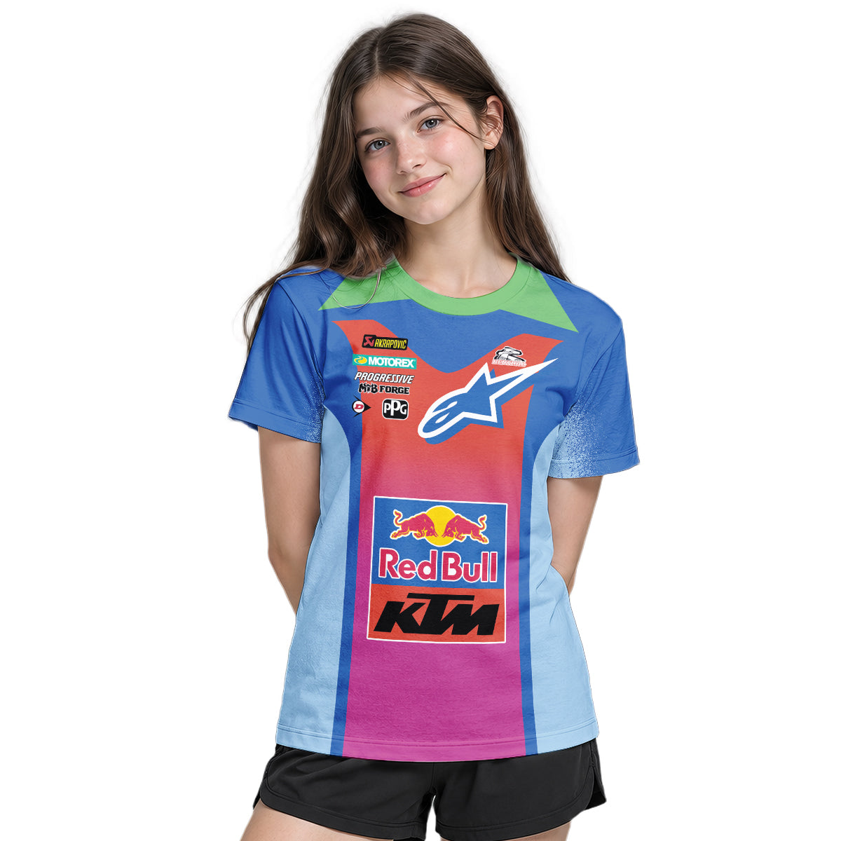 Tomac 3 Red Bull KTM Blue Pink Youth Short Sleeve Motocross Jersey – Girl Lifestyle View