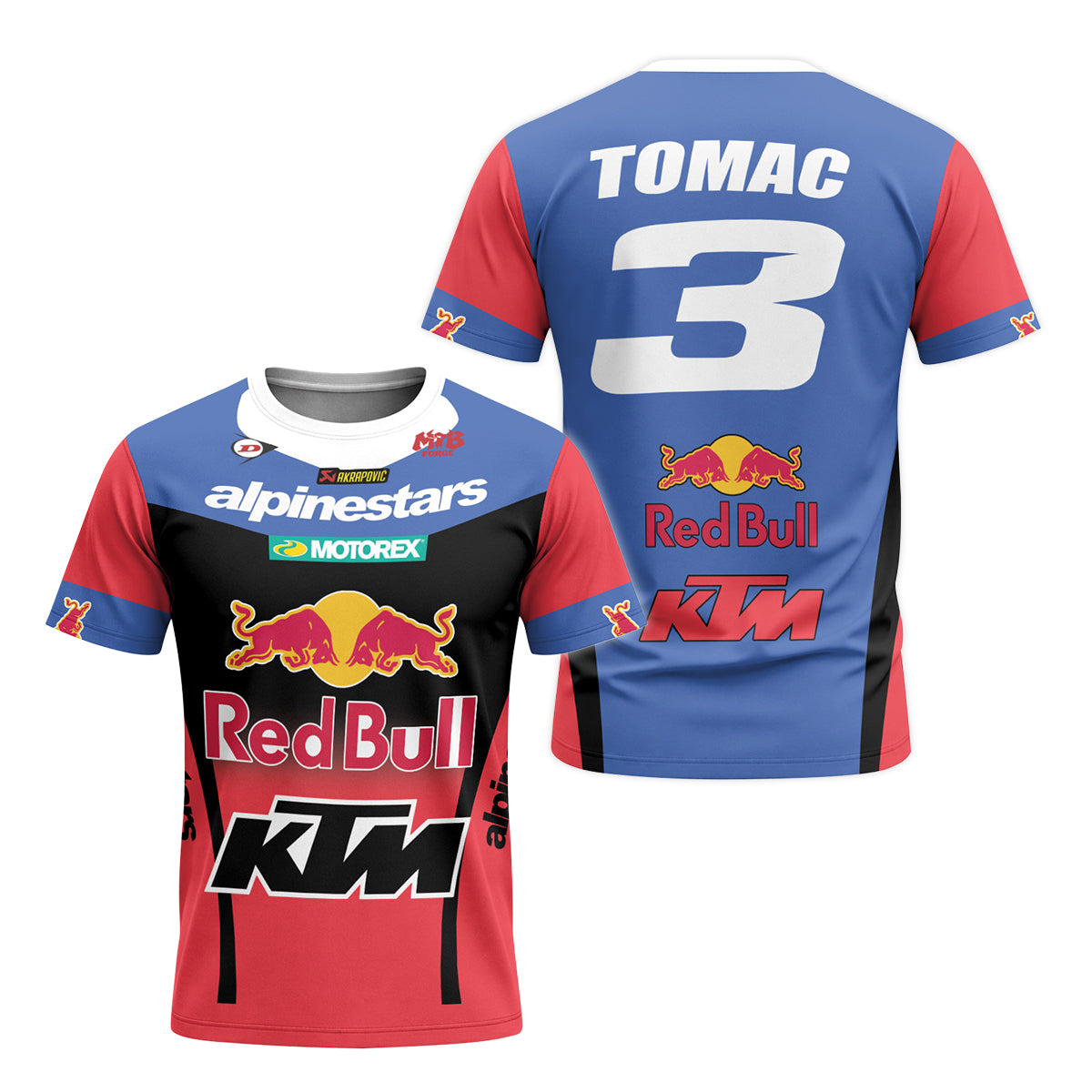 Tomac 3 Red Bull KTM Blue Red Short Sleeve Motocross Jersey - front and back view