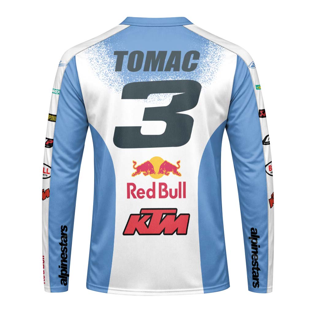 Tomac 3 Red Bull KTM Blue White Long Sleeve Motocross Jersey - front view mockup