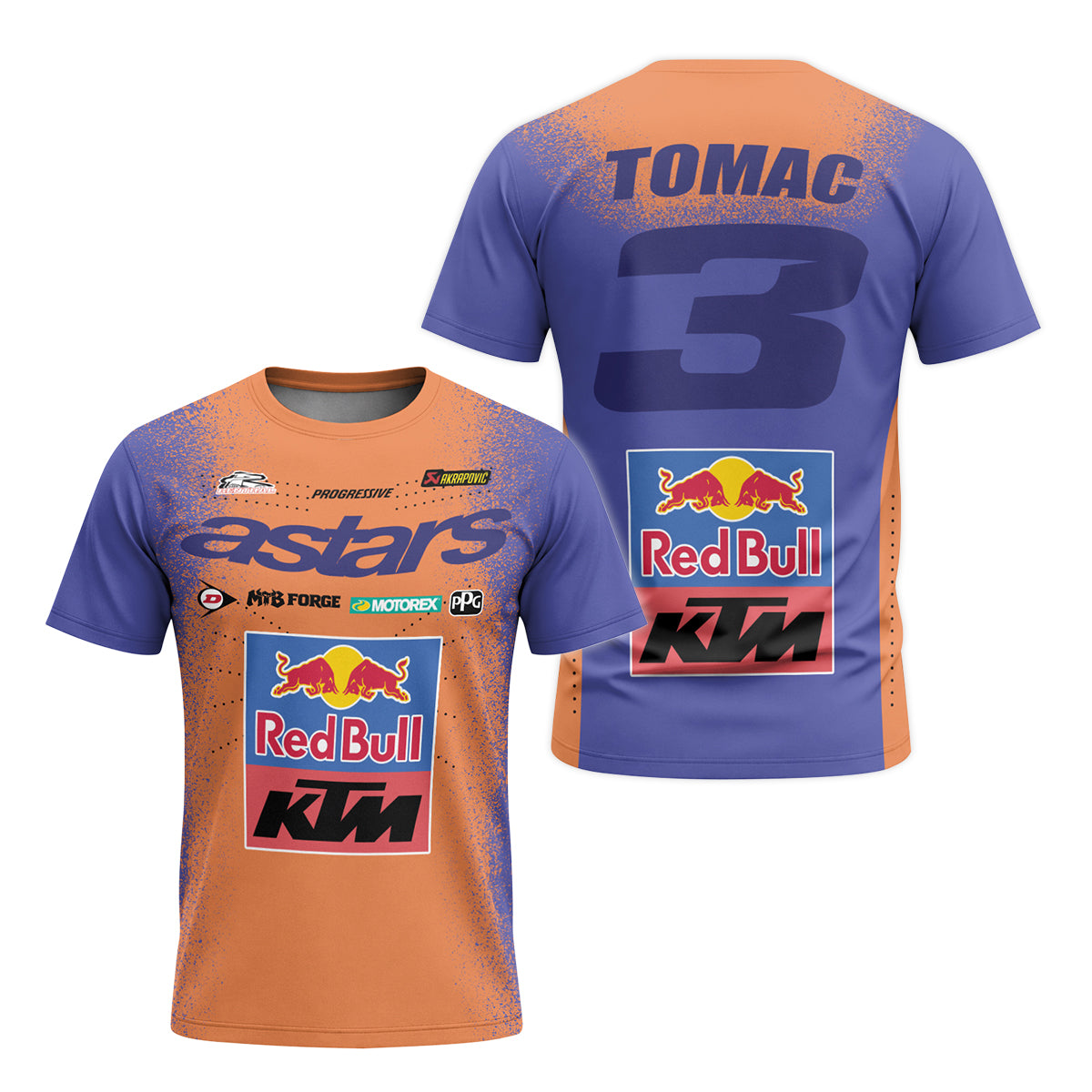 Tomac 3 Red Bull KTM Orange Blue Short Sleeve Motocross Jersey - front and back view