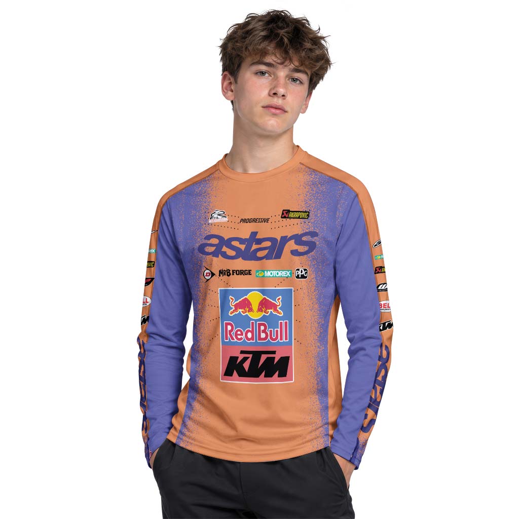 Tomac 3 Red Bull KTM Orange Blue Youth Long Sleeve Motocross Jersey – Boy Lifestyle View