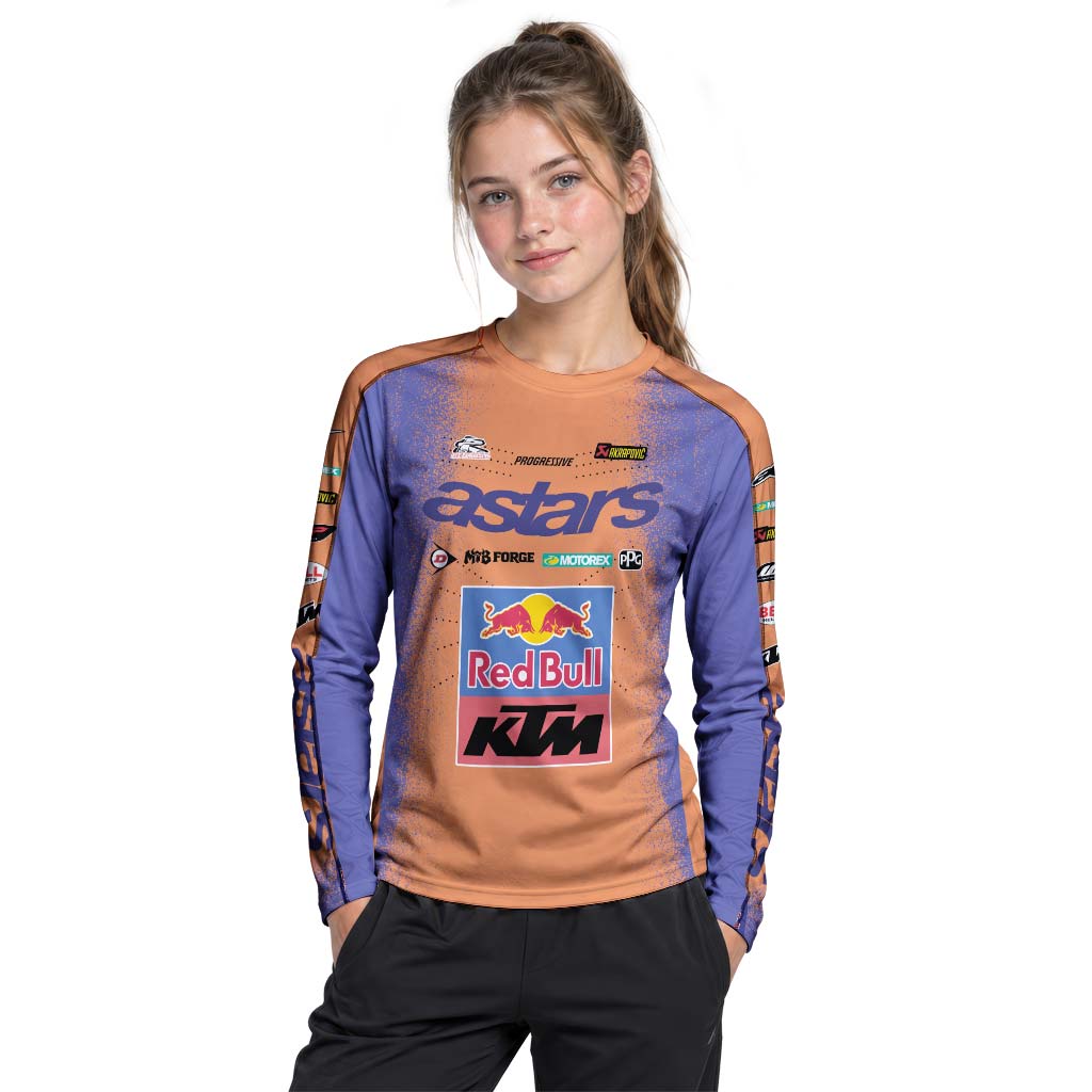 Tomac 3 Red Bull KTM Orange Blue Youth Long Sleeve Motocross Jersey – Girl Lifestyle View