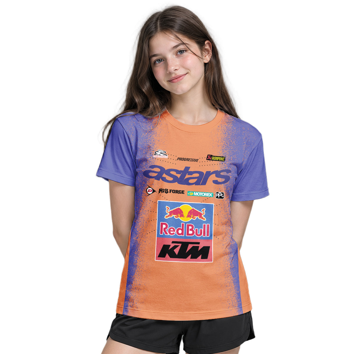 Tomac 3 Red Bull KTM Orange Blue Youth Short Sleeve Motocross Jersey – Girl Lifestyle View