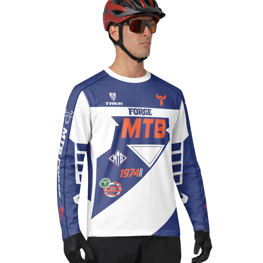 Trek 1974 Blue White Retro Long Sleeve Mountain Bike Jersey – Lifestyle View