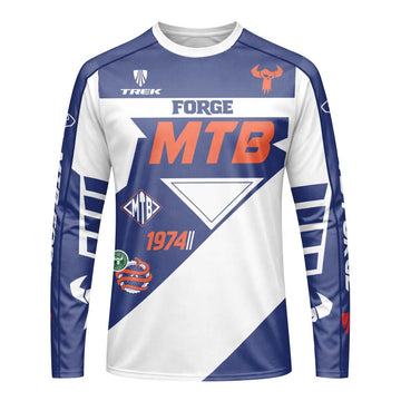 Trek 1974 Blue White Retro Long Sleeve Mountain Bike Jersey – Front View Mockup