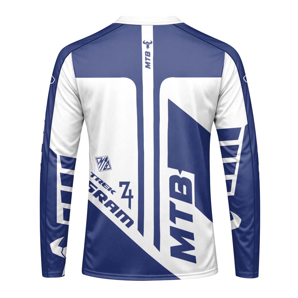 Trek 1974 Blue White Retro Long Sleeve Mountain Bike Jersey – Back View Mockup