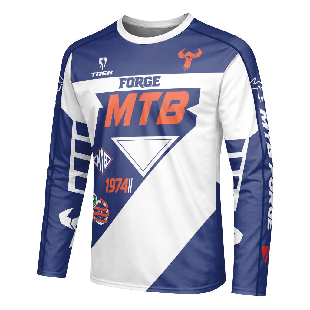 Trek 1974 Blue White Retro Long Sleeve Mountain Bike Jersey – Left Side View Mockup