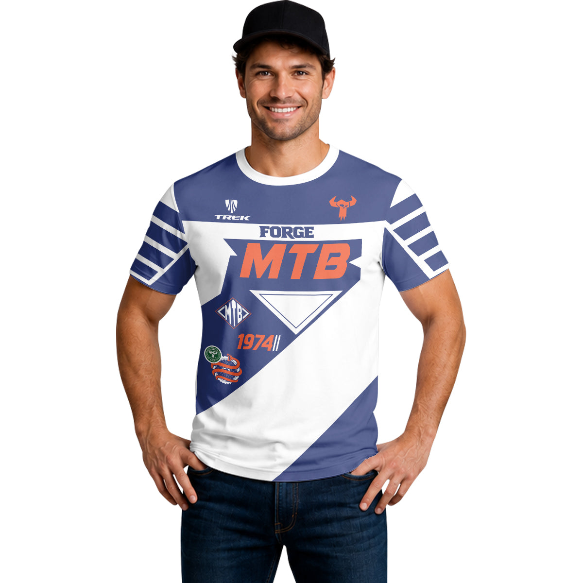 Trek 1974 Blue White Retro Short Sleeve Mountain Bike Jersey – Lifestyle View