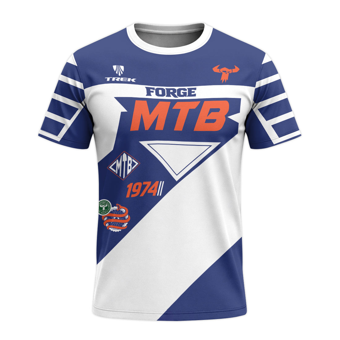 Trek 1974 Blue White Retro Short Sleeve Mountain Bike Jersey – Front and Back View