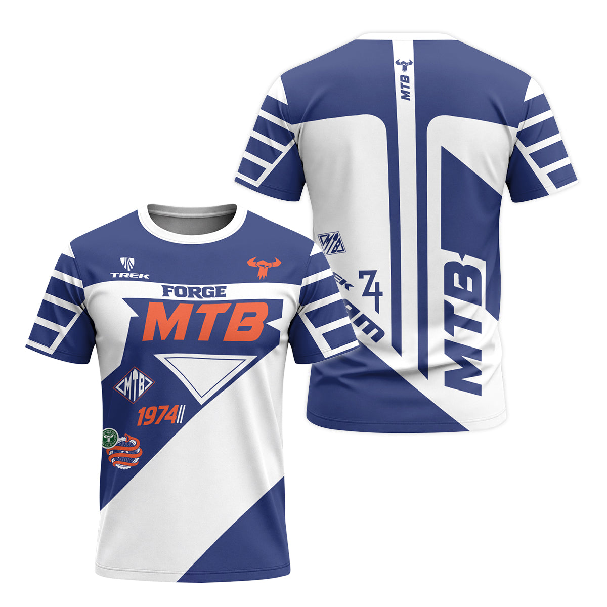 Trek 1974 Blue White Retro Short Sleeve Mountain Bike Jersey – Front and Back View