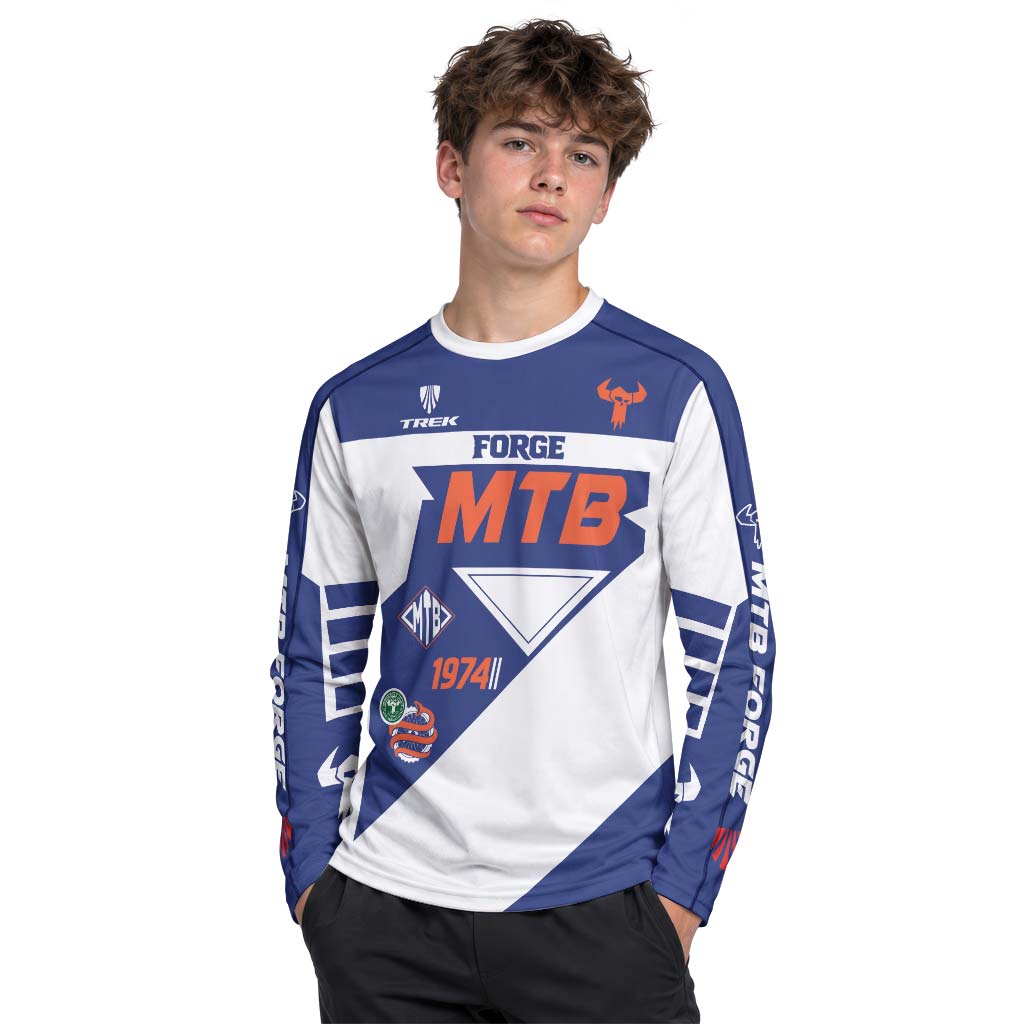 Trek 1974 Blue White Retro Youth Long Sleeve Mountain Bike Jersey – Boy Lifestyle View