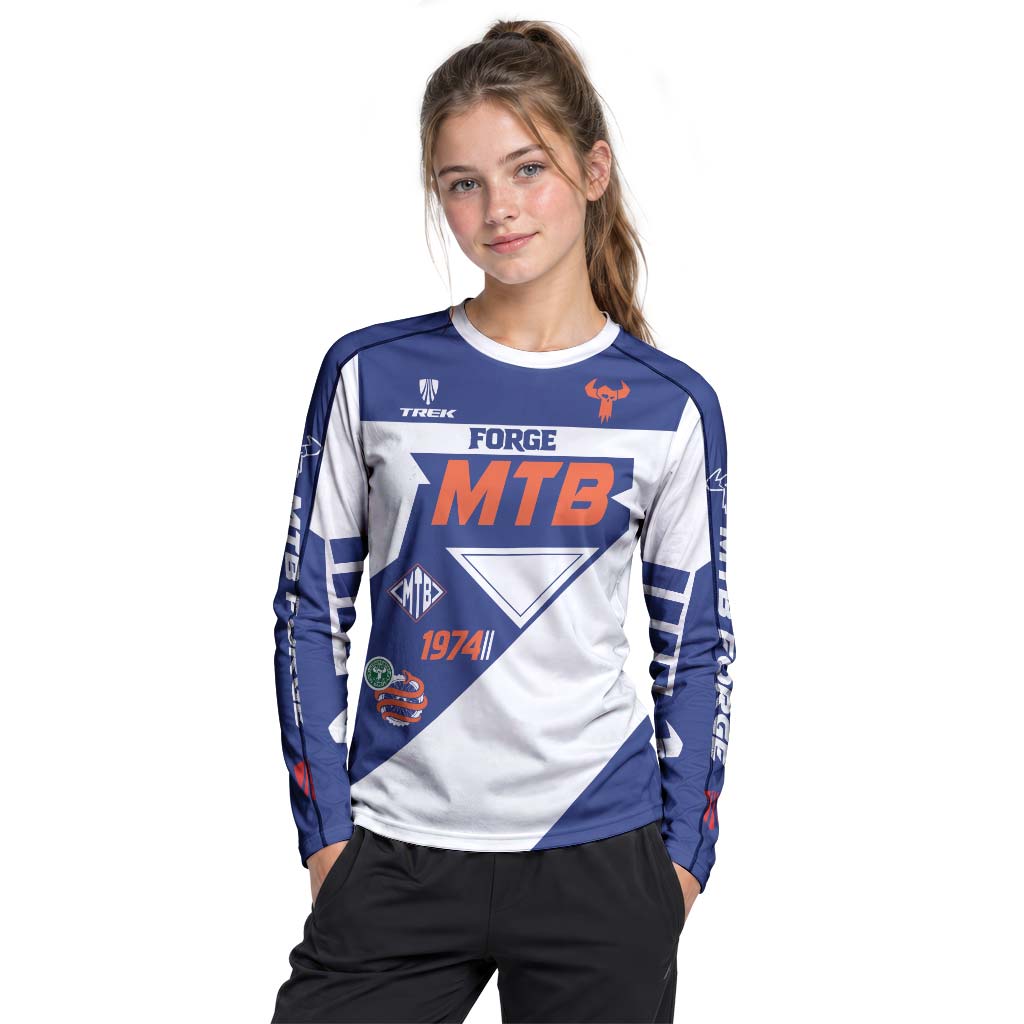 Trek 1974 Blue White Retro Youth Long Sleeve Mountain Bike Jersey – Girl Lifestyle View