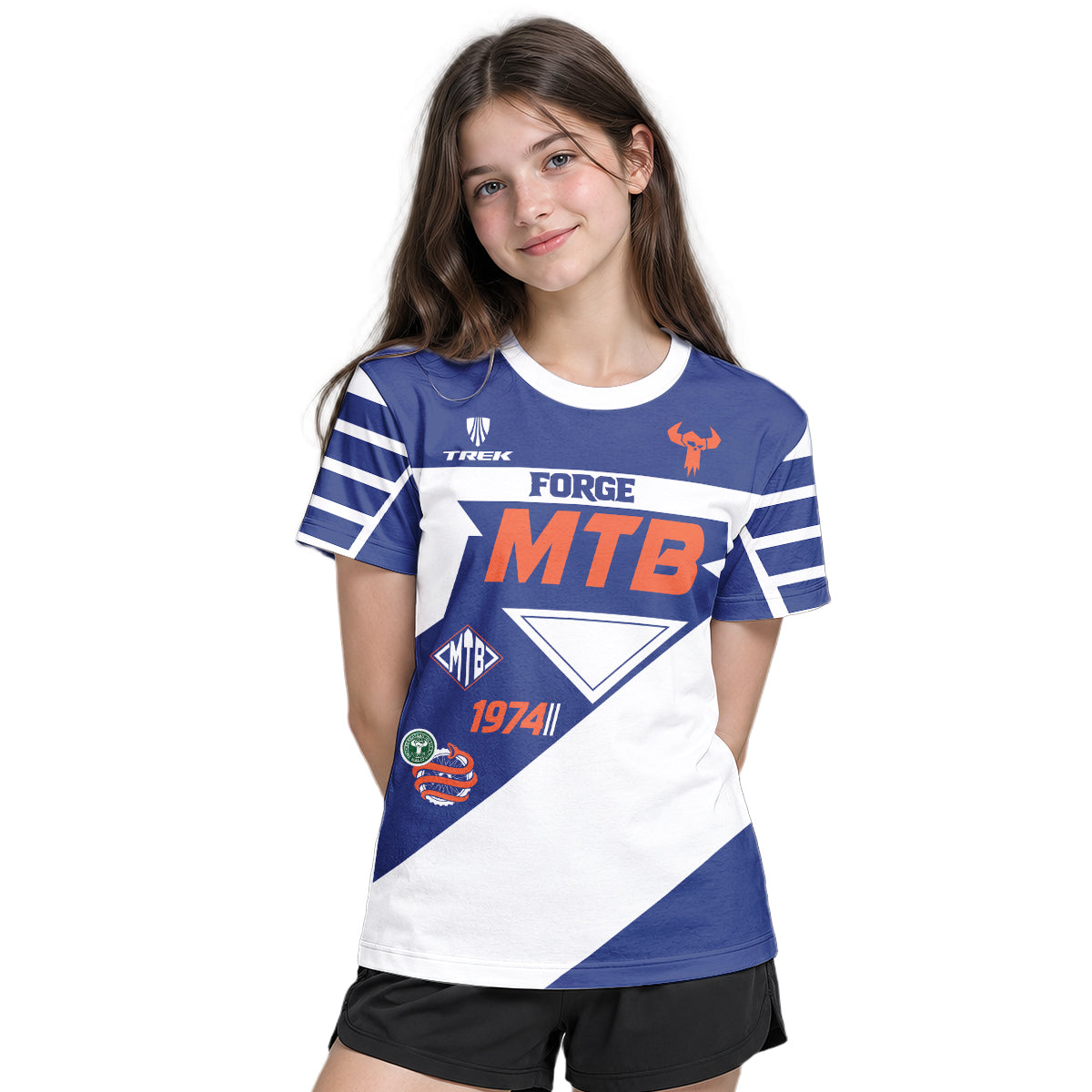 Trek 1974 Blue White Retro Youth Short Sleeve Mountain Bike Jersey – Girl Lifestyle View