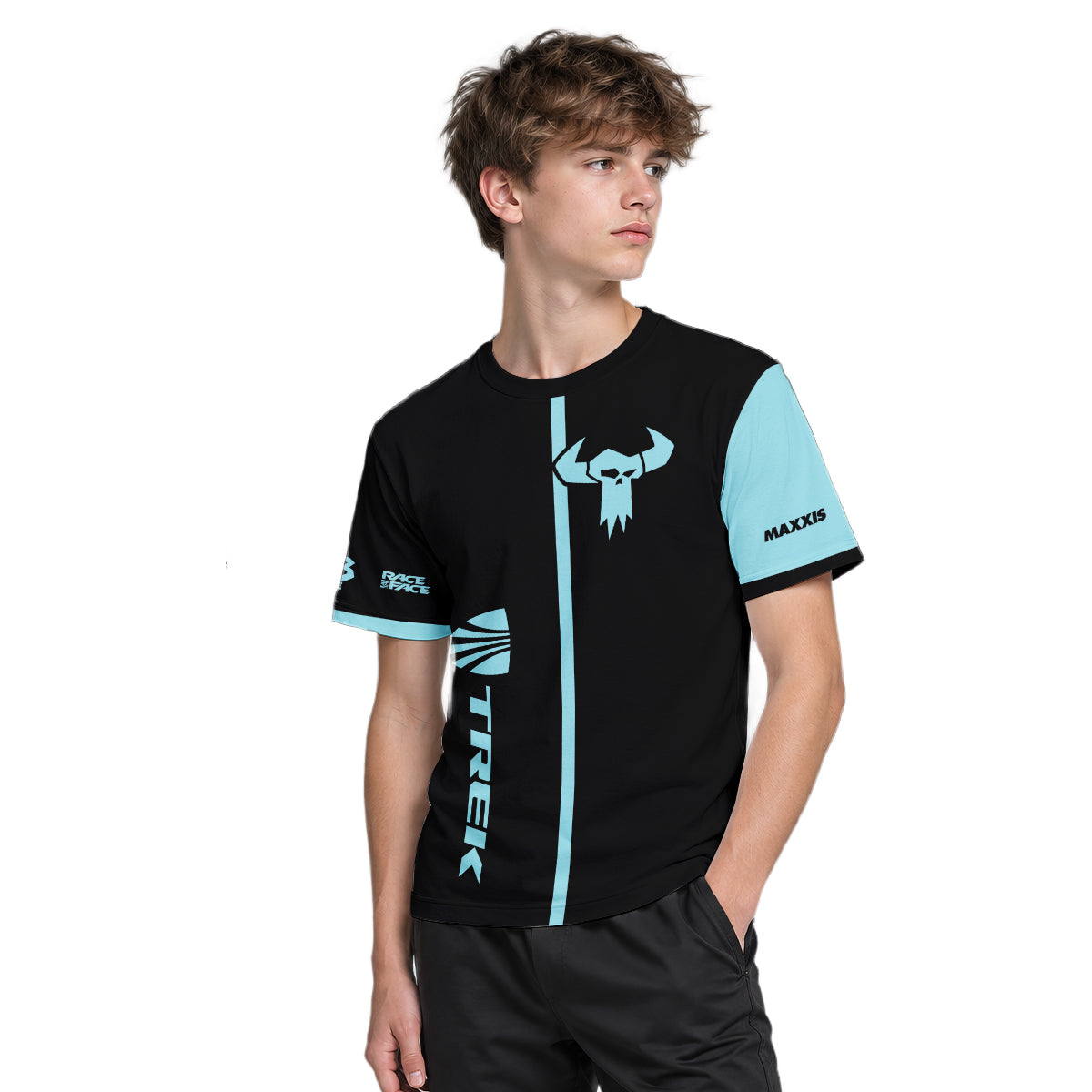 Trek Black Aqua Youth Short Sleeve Mountain Bike Jersey – Boy Lifestyle View