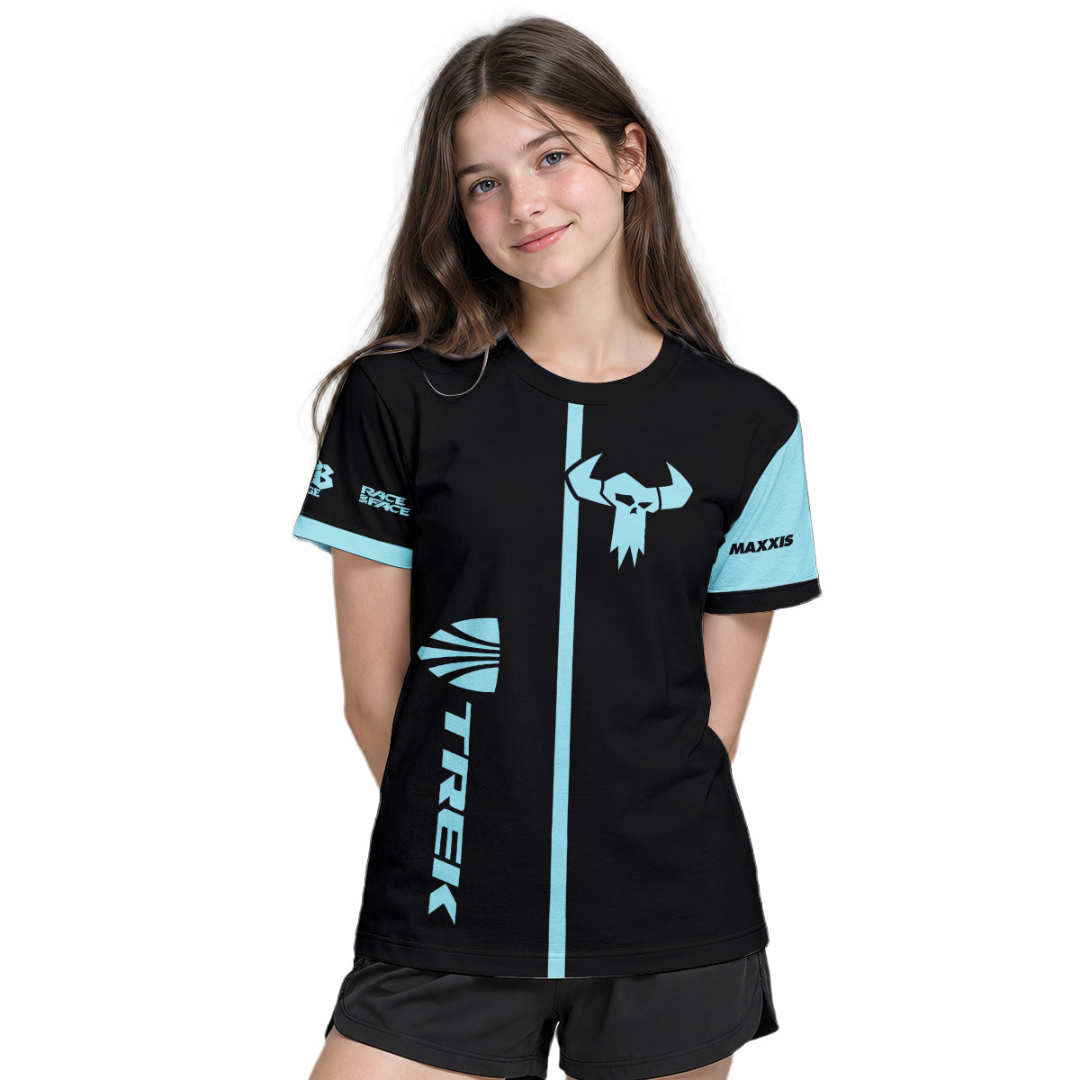 Trek Black Aqua Youth Short Sleeve Mountain Bike Jersey – Girl Lifestyle View