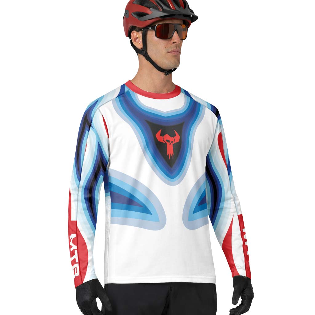 Trek Blue White Geometric Long Sleeve Mountain Bike Jersey – Lifestyle View