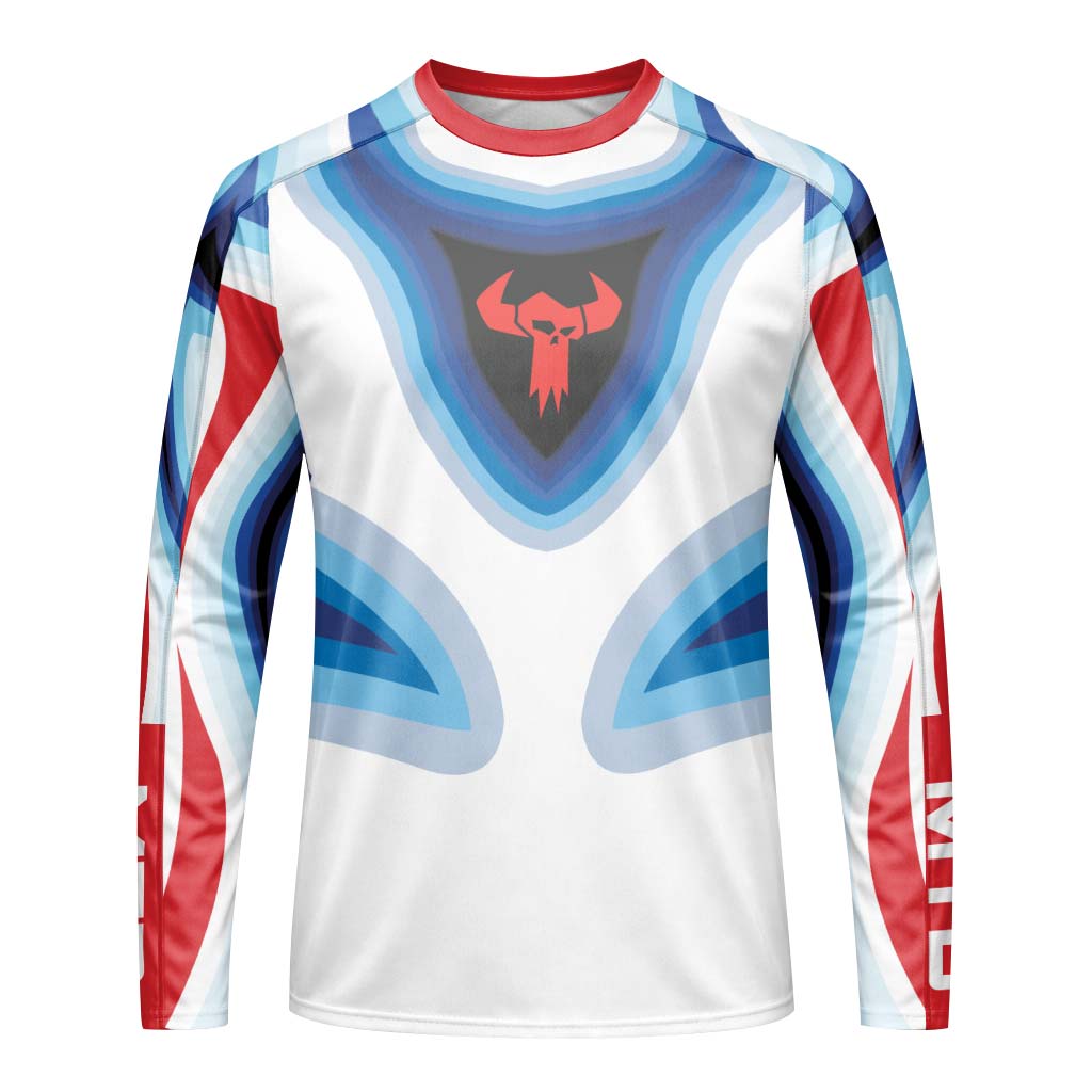Trek Blue White Geometric Long Sleeve Mountain Bike Jersey – Front View Mockup
