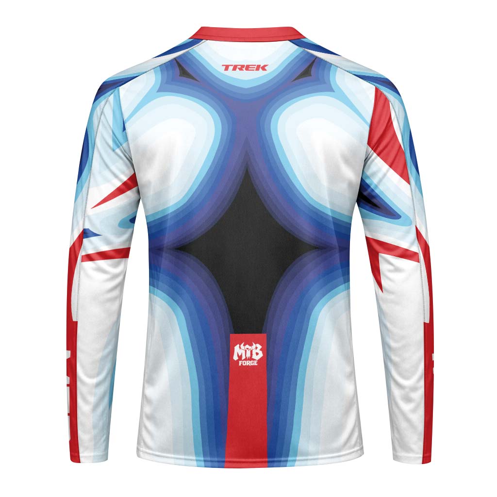 Trek Blue White Geometric Long Sleeve Mountain Bike Jersey – Back View Mockup