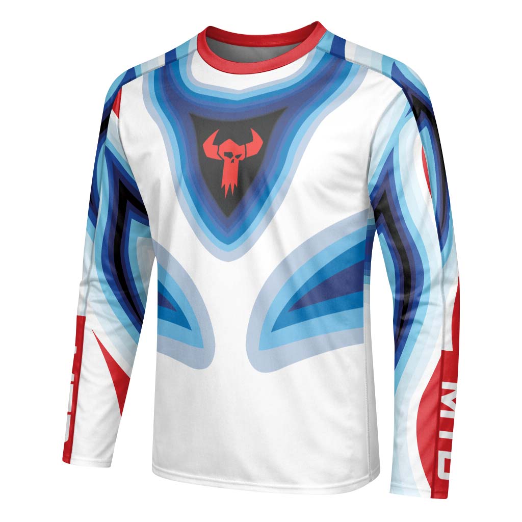 Trek Blue White Geometric Long Sleeve Mountain Bike Jersey – Left Side View Mockup