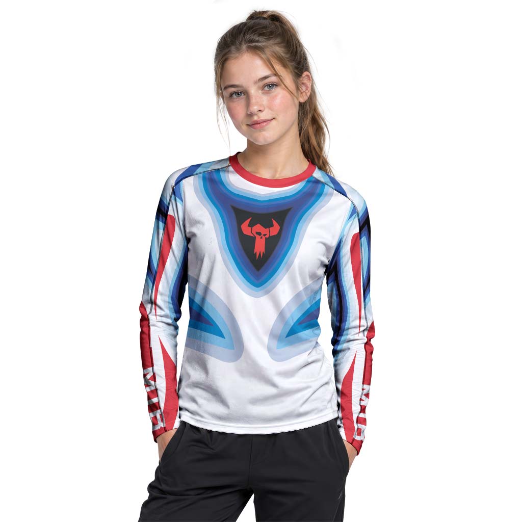 Trek Blue White Geometric Youth Long Sleeve Mountain Bike Jersey – Girl Lifestyle View