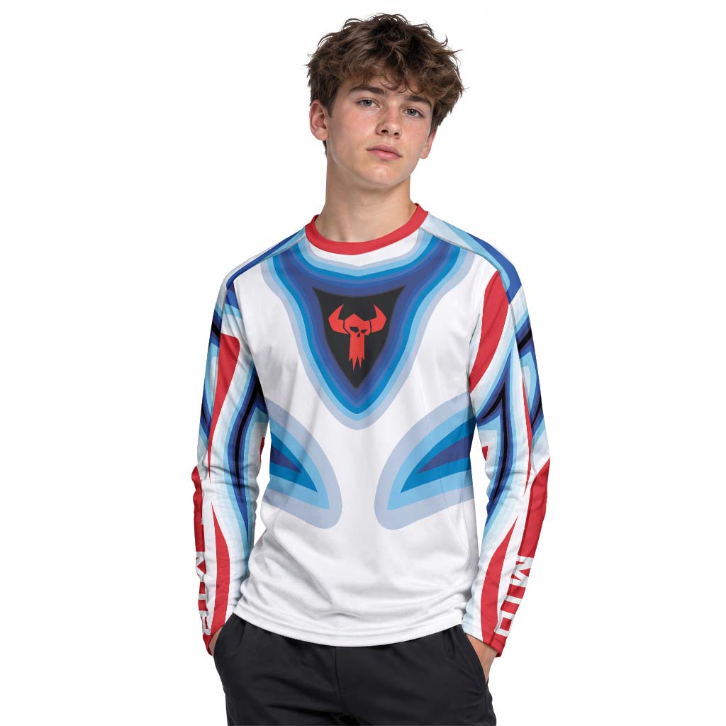 Trek Blue White Geometric Youth Long Sleeve Mountain Bike Jersey – Boy Lifestyle View
