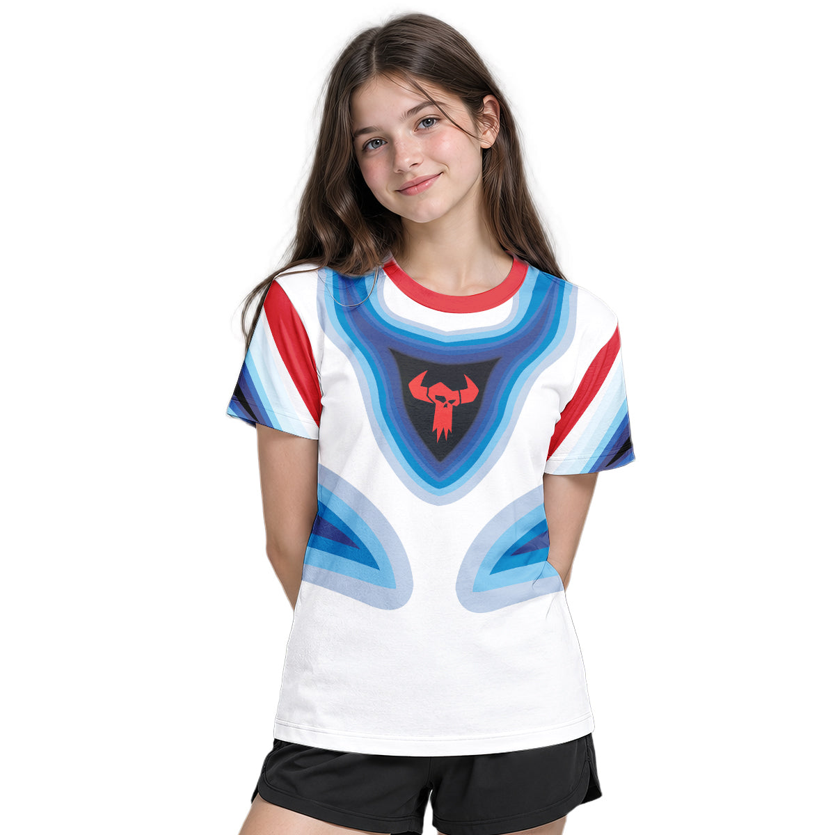 Trek Blue White Geometric Youth Short Sleeve Mountain Bike Jersey – Girl Lifestyle View