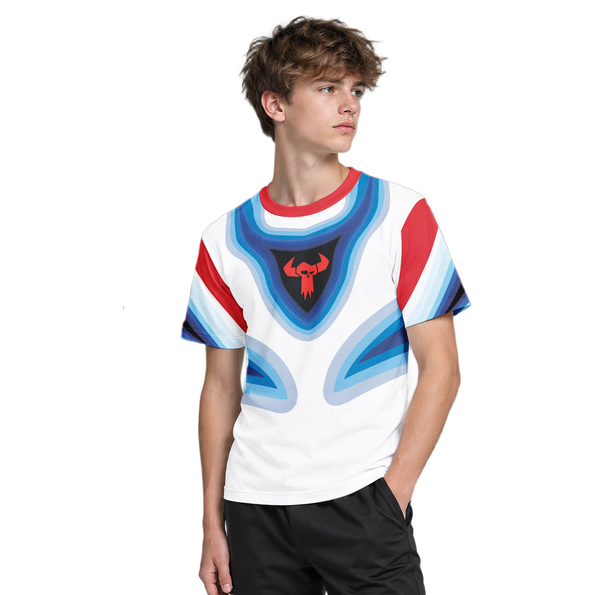 Trek Blue White Geometric Youth Short Sleeve Mountain Bike Jersey – Boy Lifestyle View