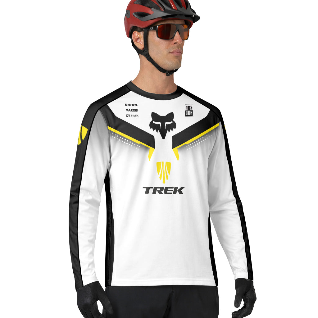 Trek Fox White Black Yellow Factory Long Sleeve Mountain Bike Jersey - lifestyle view