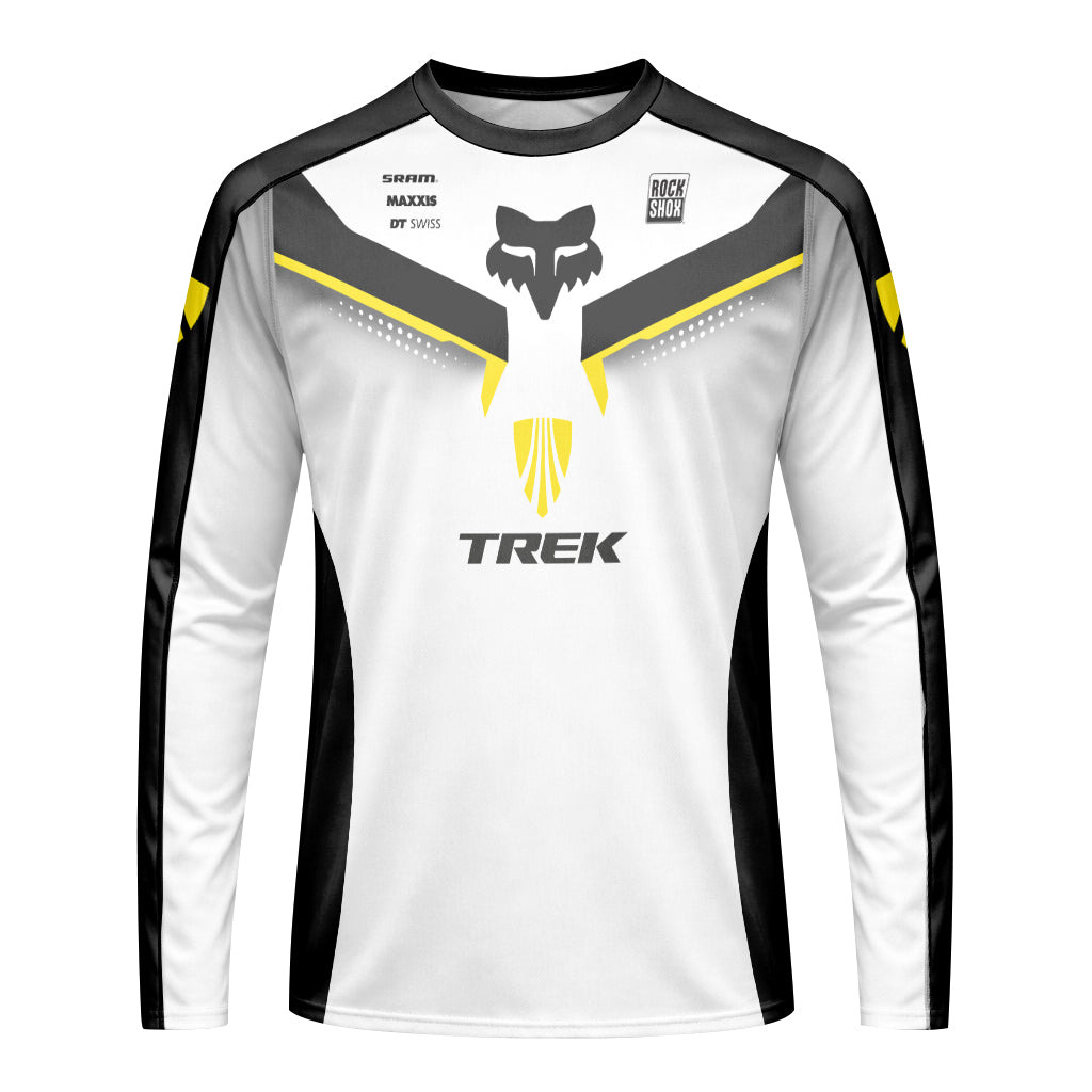 Trek Fox White Black Yellow Factory Long Sleeve Mountain Bike Jersey - front view mockup