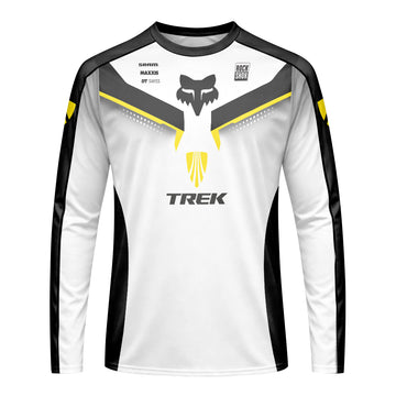 Trek Fox White Black Yellow Factory Long Sleeve Mountain Bike Jersey - front view mockup