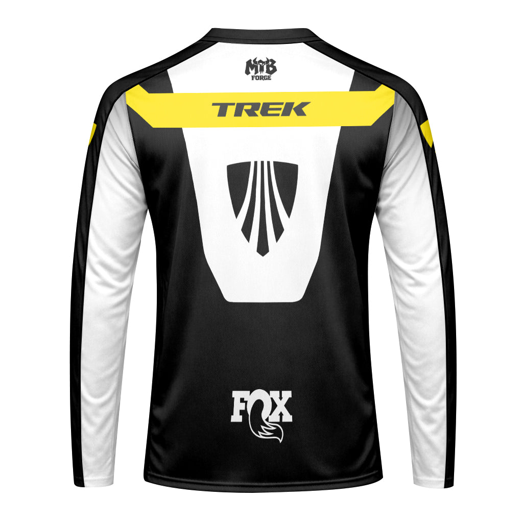 Trek Fox White Black Yellow Factory Long Sleeve Mountain Bike Jersey - back view mockup