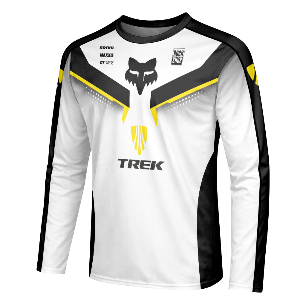 Trek Fox White Black Yellow Factory Long Sleeve Mountain Bike Jersey - left side mockup