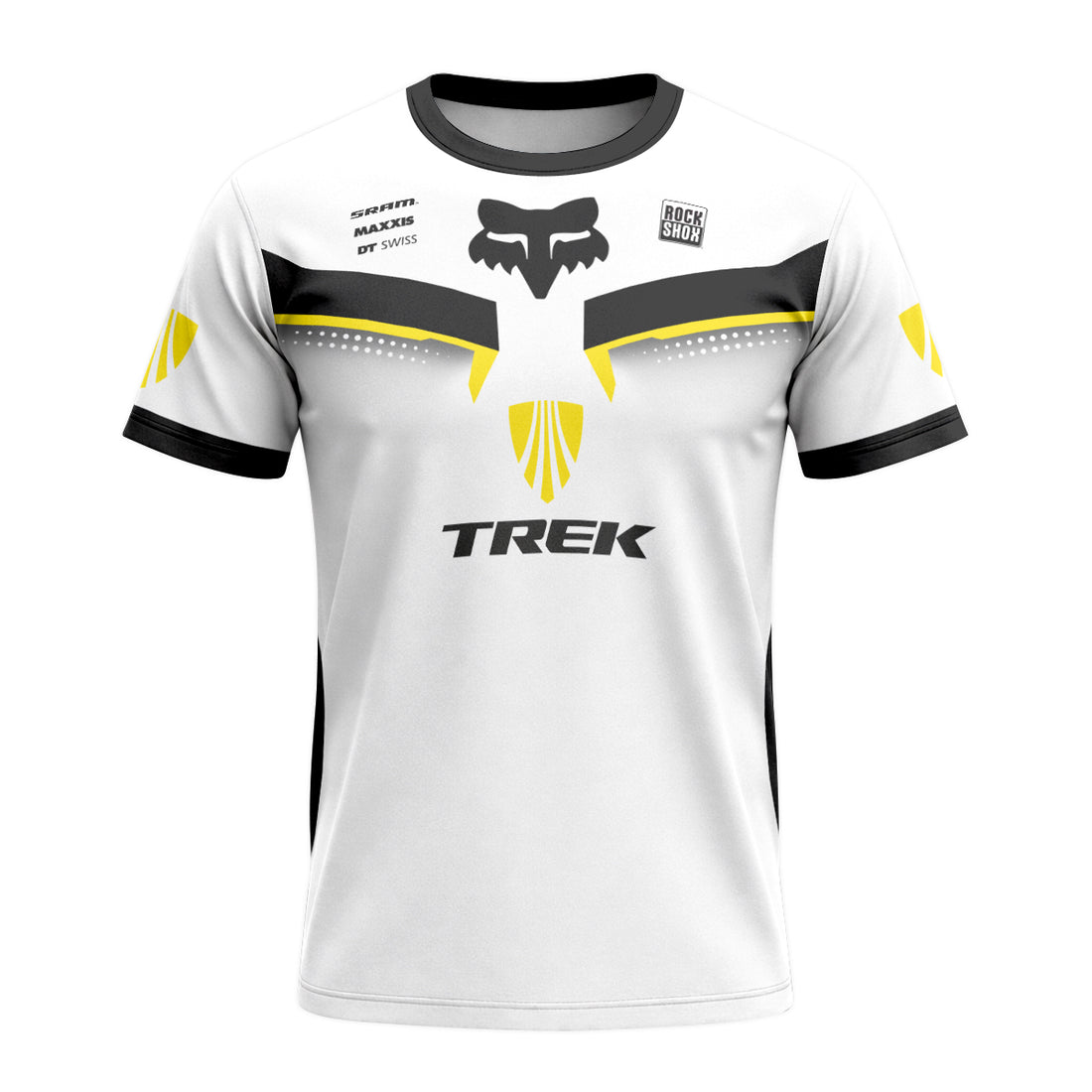 Trek Fox White Black Yellow Factory Short Sleeve Mountain Bike Jersey - front and back view