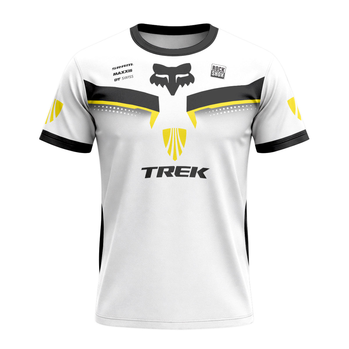 Trek Fox White Black Yellow Factory Short Sleeve Mountain Bike Jersey - front view mockup