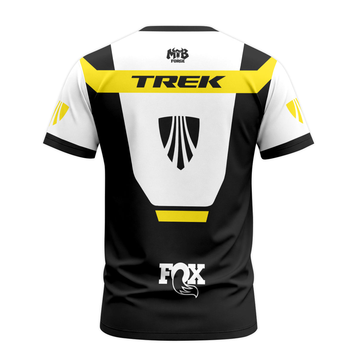 Trek Fox White Black Yellow Factory Short Sleeve Mountain Bike Jersey - back view mockup
