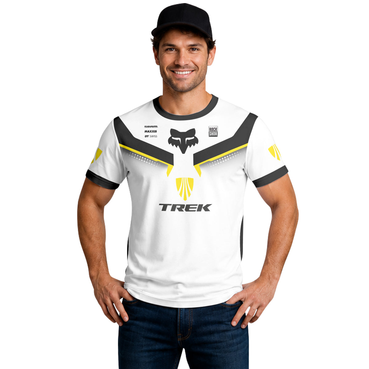 Trek Fox White Black Yellow Factory Short Sleeve Mountain Bike Jersey - lifestyle view