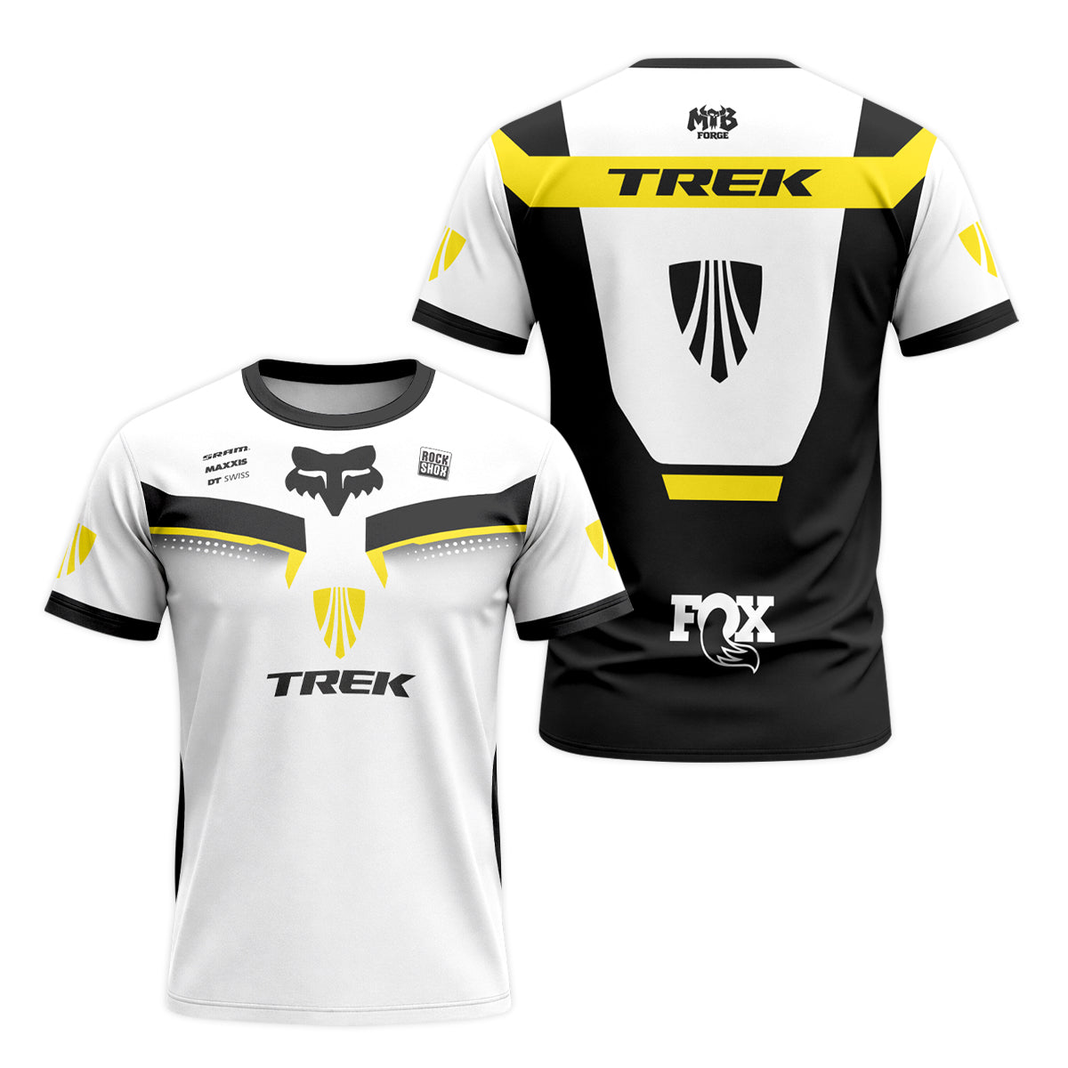 Trek Fox White Black Yellow Factory Short Sleeve Mountain Bike Jersey - front and back view